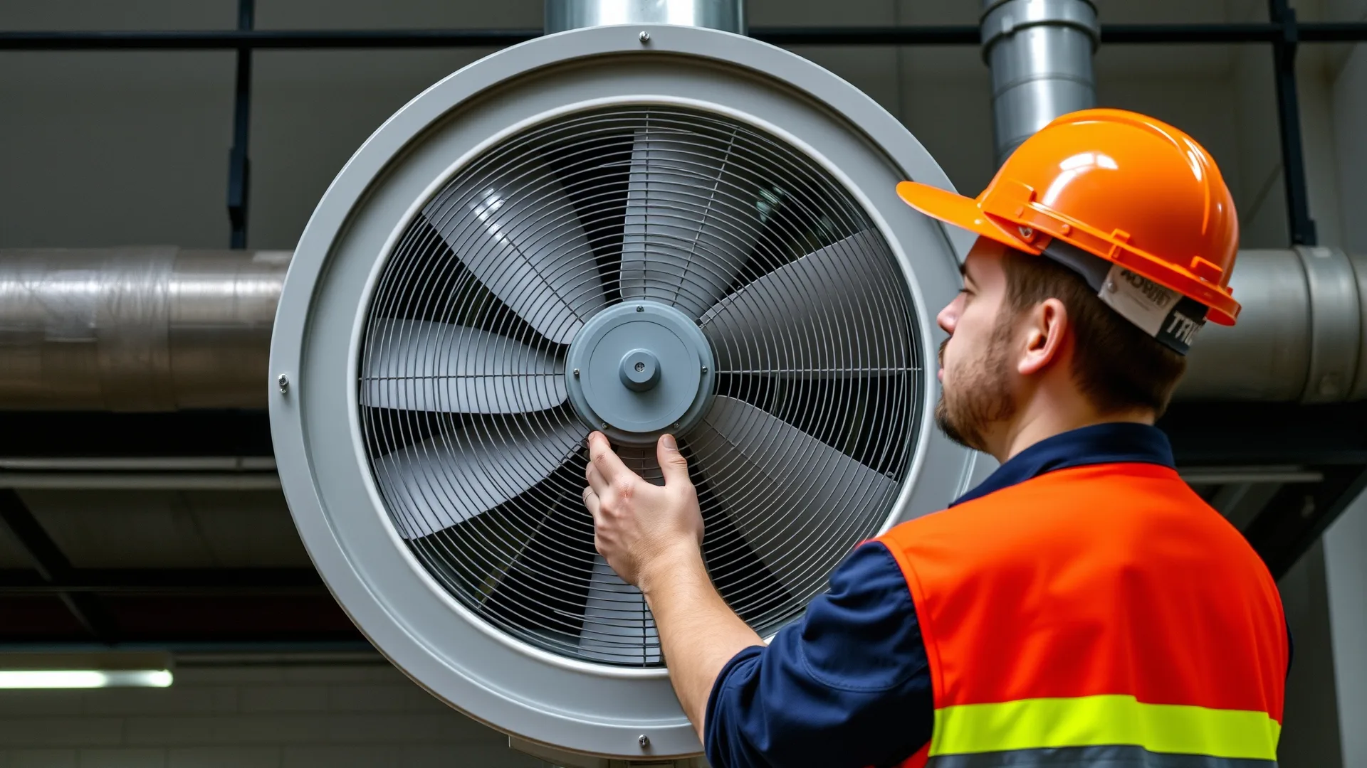 Работник завода проверяет дисплей энергоэффективности на промышленном вентиляторе